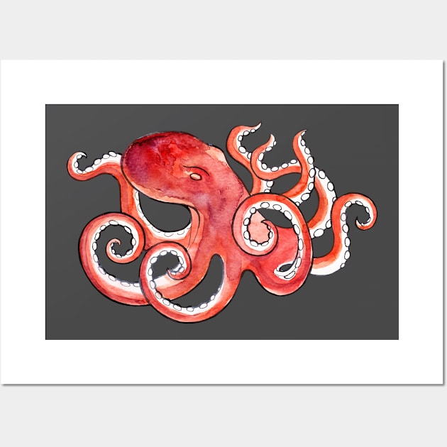 Red Octopus Deep Sea Tentacle Monster Wall Art by CoffeeandTeas